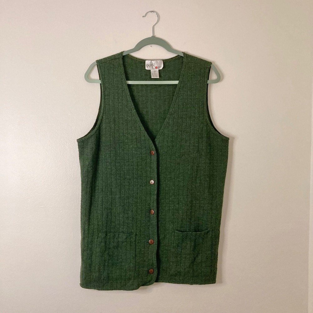 Vintage Pebble Court Green Ribbed Cable Knit Button Down Vest